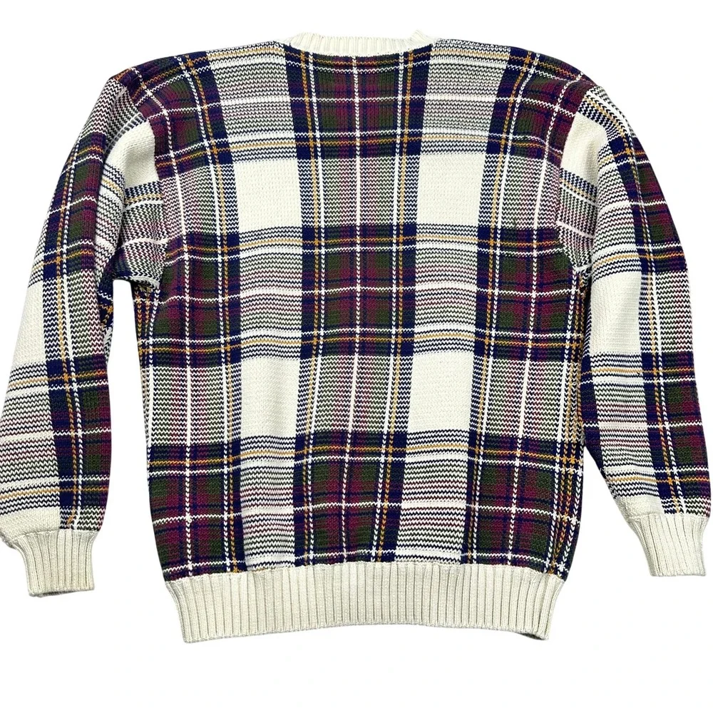 VTG Tommy Hilfiger Plaid Crew Neck Chunky Sweater Cotton Mens‎ M Burgundy Navy